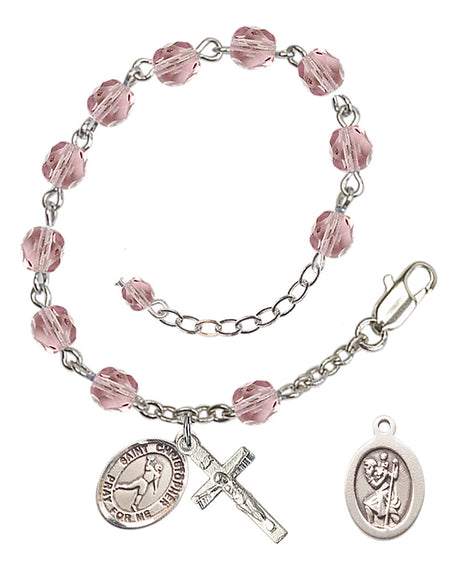 Saint Christopher Football Rosary Bracelet - Silver Plate - June - Light Amethyst