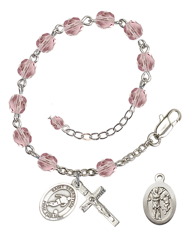 Saint Sebastian Soccer Rosary Bracelet - Silver Plate - June - Light Amethyst