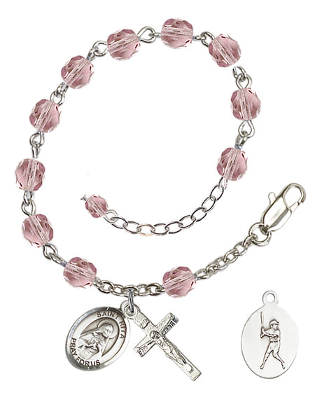 Saint Rita Baseball Rosary Bracelet - Silver Plate - June - Light Amethyst