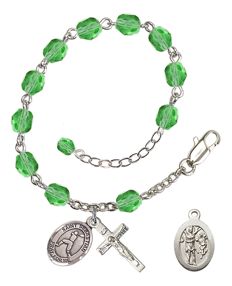 Saint Sebastian Baseball Rosary Bracelet - Silver Plate - August - Peridot