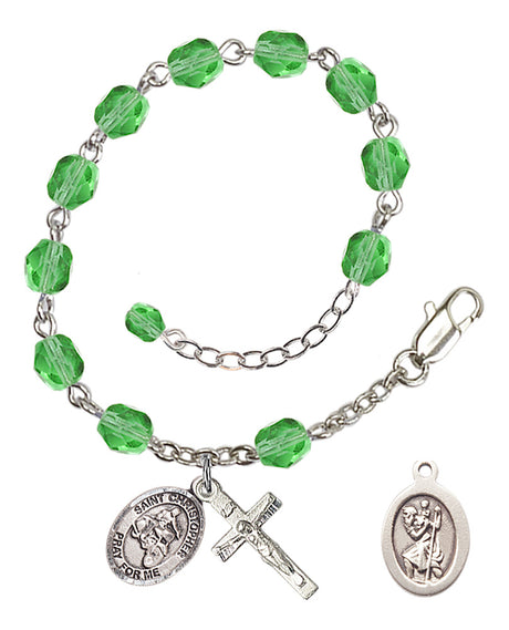 Saint Christopher Motorcycle Rosary Bracelet - Silver Plate - August - Peridot