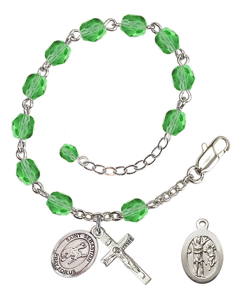 Saint Sebastian Rodeo Rosary Bracelet - Silver Plate - August - Peridot
