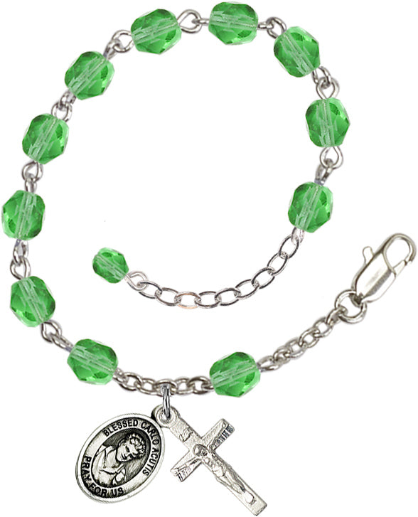 Saint Carlo Acutis Rosary Bracelet - Silver Plate - August - Peridot