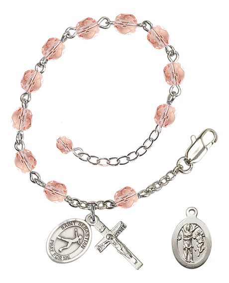 Saint Sebastian Figure Skating Rosary Bracelet - Silver Plate - October - Pink