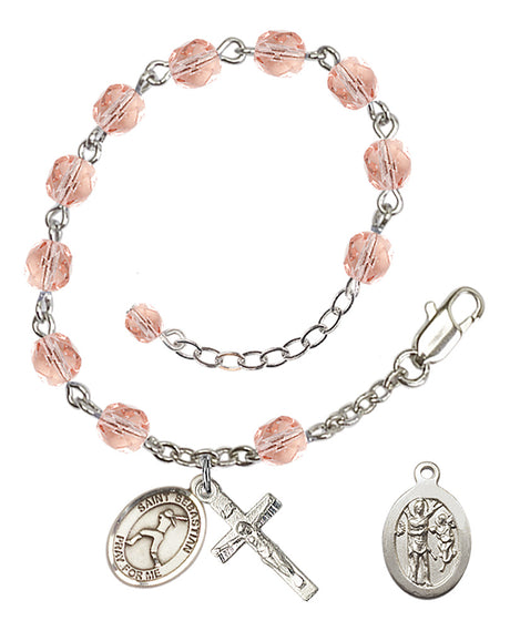 Saint Sebastian Softball Rosary Bracelet - Silver Plate - October - Pink