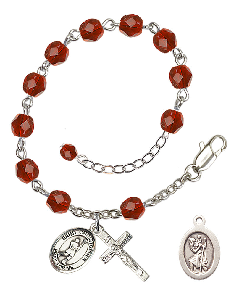 Saint Christopher Lacrosse Rosary Bracelet - Silver Plate - July - Ruby
