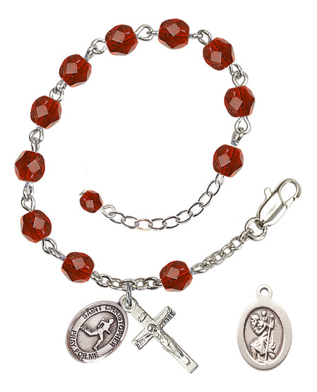 Saint Christopher Track and Field Rosary Bracelet - Silver Plate - July - Ruby