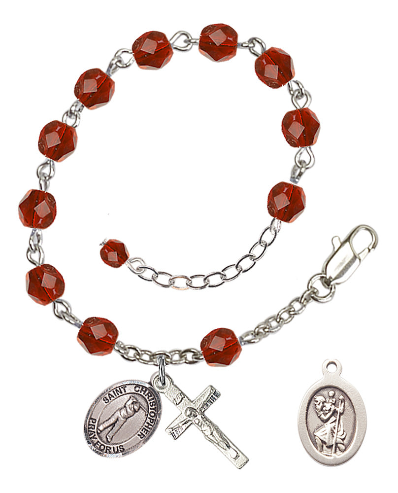 Saint Christopher Golf Rosary Bracelet - Silver Plate - July - Ruby