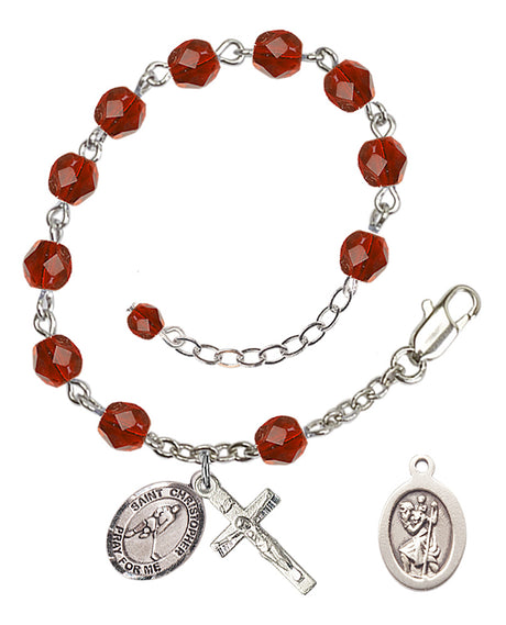 Saint Christopher Ice Hockey Rosary Bracelet - Silver Plate - July - Ruby