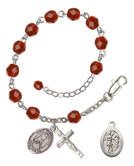 Saint Sebastian Ice Hockey Rosary Bracelet - Silver Plate - July - Ruby