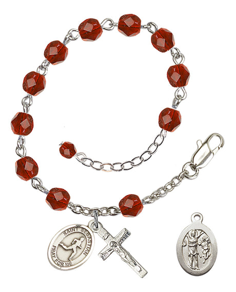 Saint Sebastian Track and Field Rosary Bracelet - Silver Plate - July - Ruby