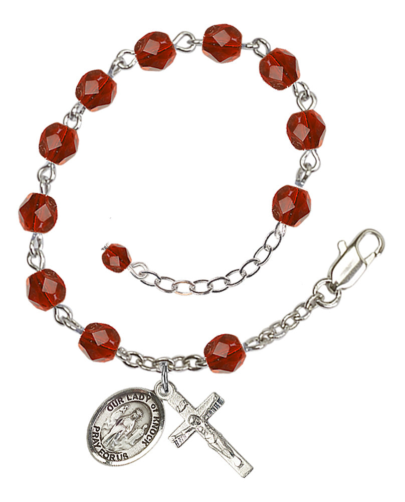 Our Lady of Knock Rosary Bracelet - Silver Plate - July - Ruby