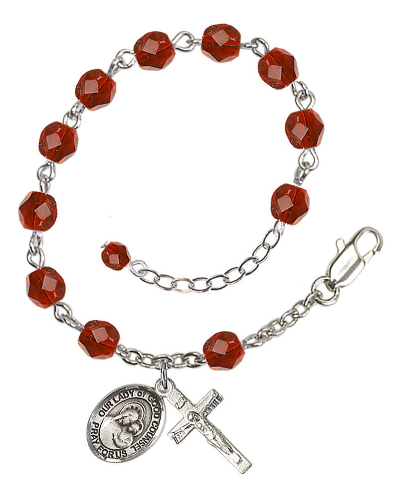 Our Lady of Good Counsel Rosary Bracelet - Silver Plate - July - Ruby