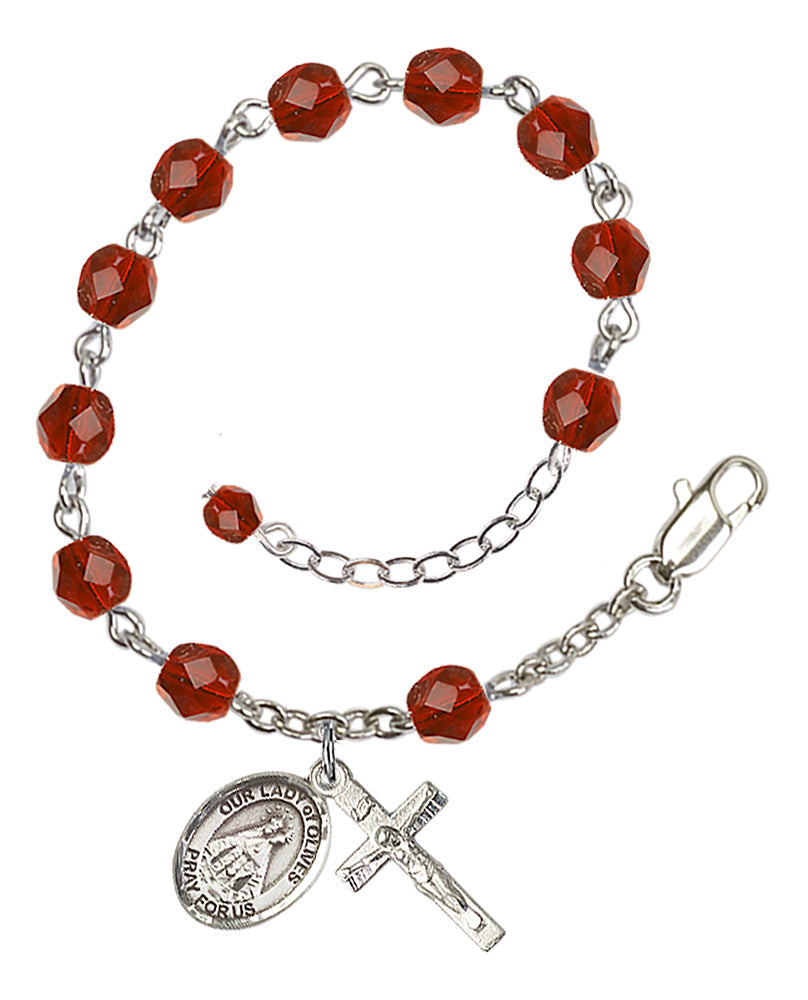 Our Lady of Olives Rosary Bracelet - Silver Plate - July - Ruby