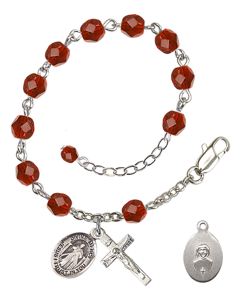 Divine Mercy Rosary Bracelet - Silver Plate - July - Ruby