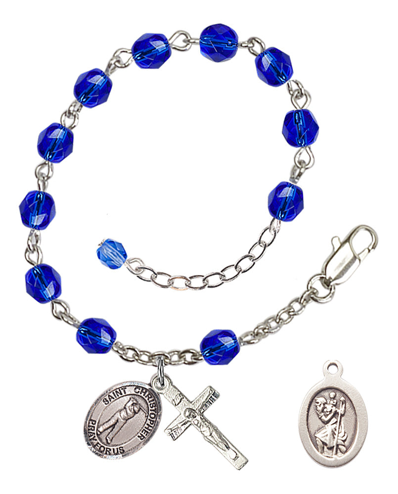 Saint Christopher Golf Rosary Bracelet - Silver Plate - September - Sapphire