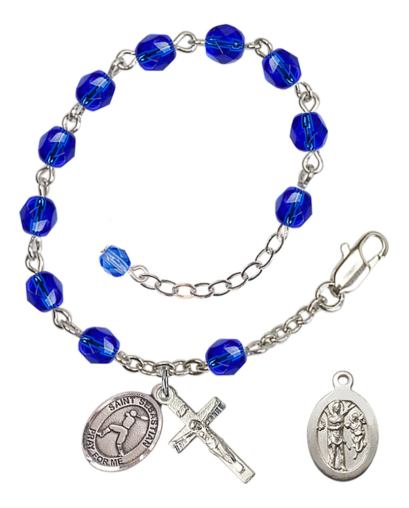 Saint Sebastian Baseball Rosary Bracelet - Silver Plate - September - Sapphire