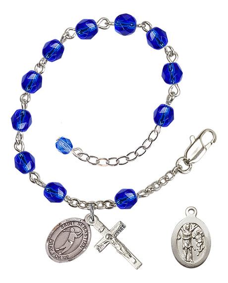 Saint Sebastian Golf Rosary Bracelet - Silver Plate - September - Sapphire