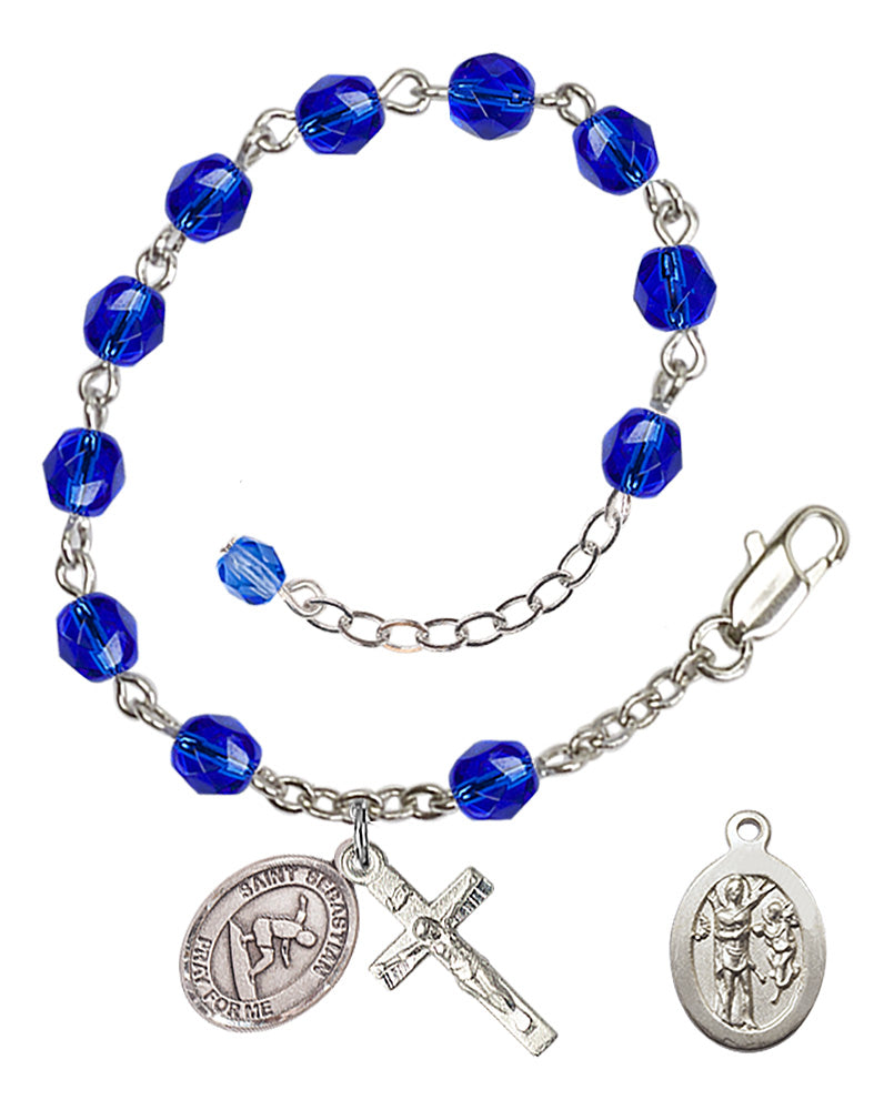 Saint Sebastian Surfing Rosary Bracelet - Silver Plate - September - Sapphire