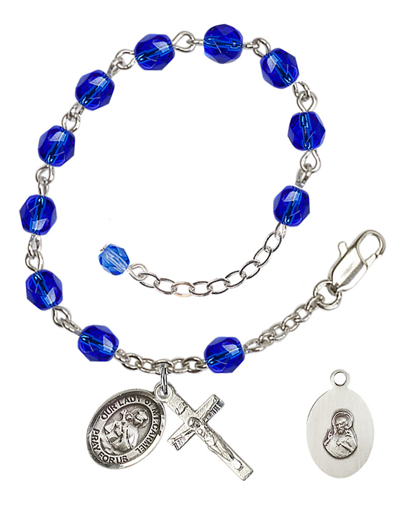 Our Lady of Mount Carmel Rosary Bracelet - Silver Plate - September - Sapphire