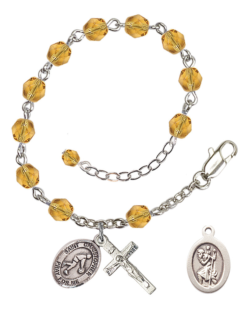 Saint Christopher Basketball Rosary Bracelet - Silver Plate - November - Topaz