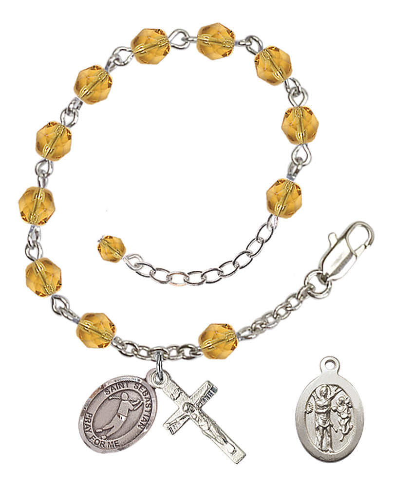 Saint Sebastian Golf Rosary Bracelet - Silver Plate - November - Topaz