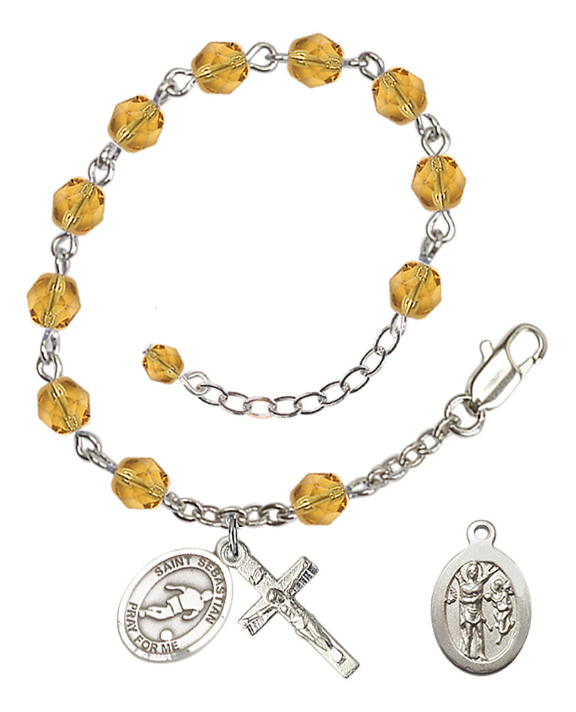 Saint Sebastian Soccer Rosary Bracelet - Silver Plate - November - Topaz