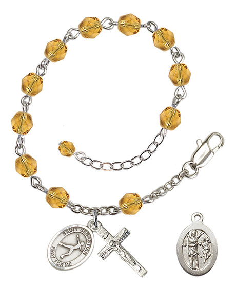 Saint Sebastian Figure Skating Rosary Bracelet - Silver Plate - November - Topaz
