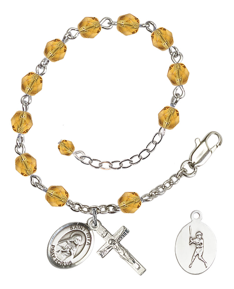 Saint Rita Baseball Rosary Bracelet - Silver Plate - November - Topaz