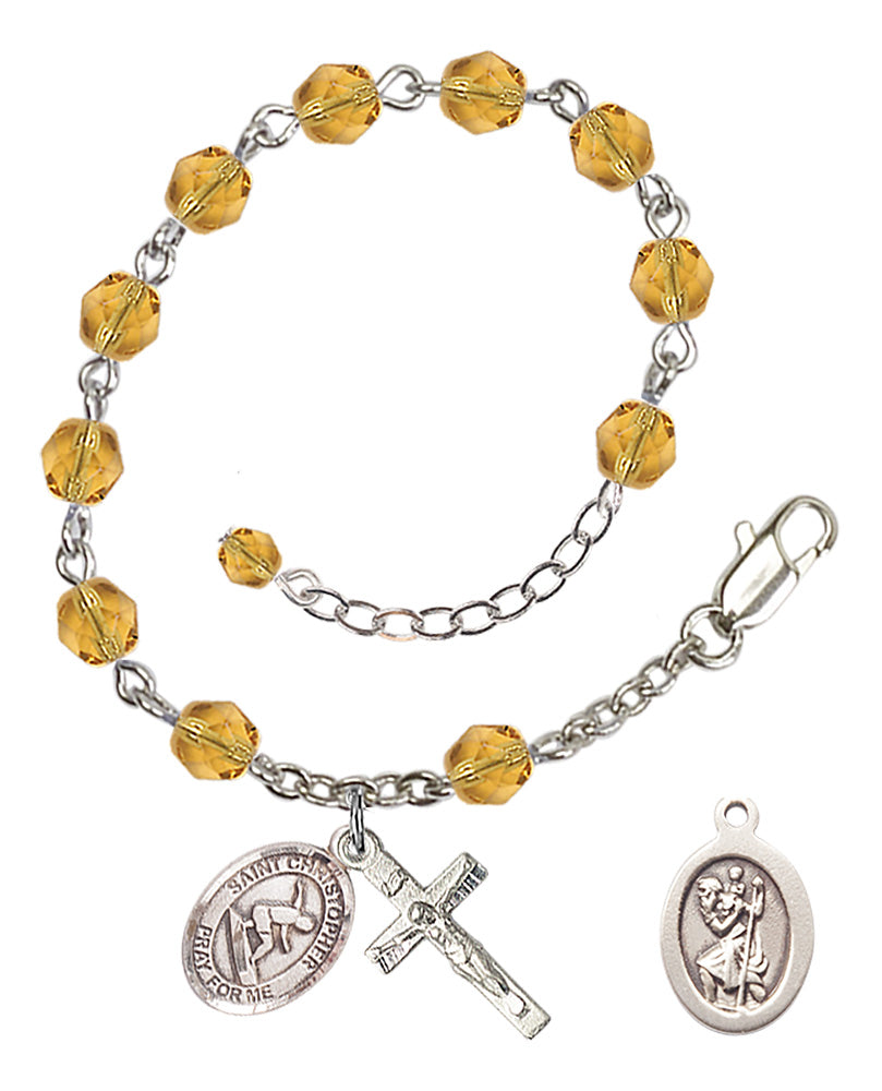 Saint Christopher Surfing Rosary Bracelet - Silver Plate - November - Topaz
