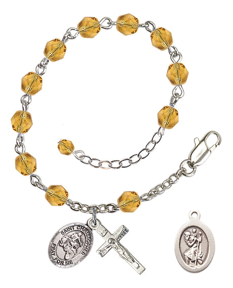 Saint Christopher Motorcycle Rosary Bracelet - Silver Plate - November - Topaz
