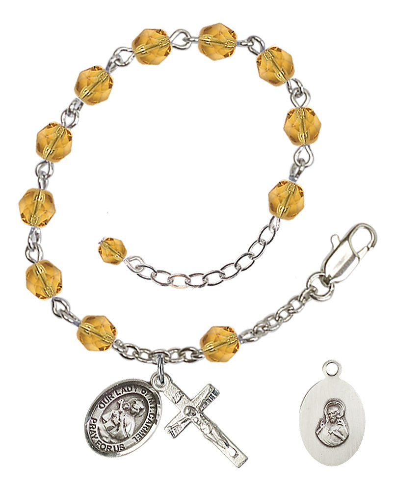 Our Lady of Mount Carmel Rosary Bracelet - Silver Plate - November - Topaz