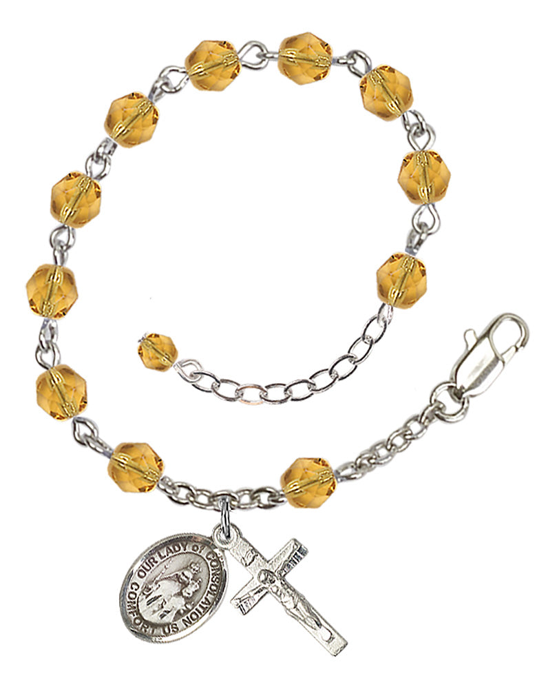 Our Lady of Consolation Rosary Bracelet - Silver Plate - November - Topaz