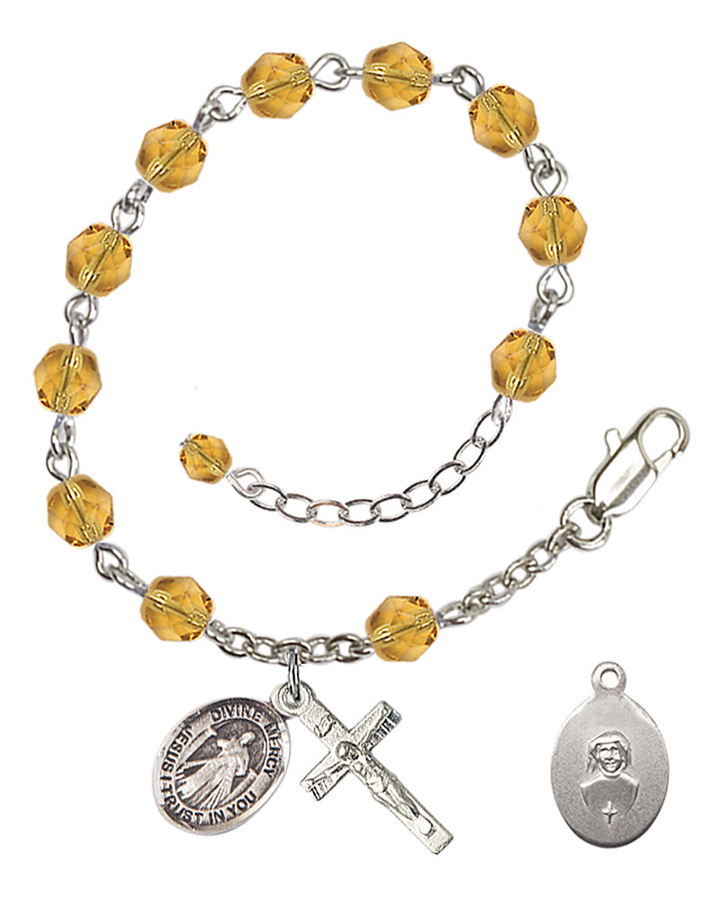 Divine Mercy Rosary Bracelet - Silver Plate - November - Topaz