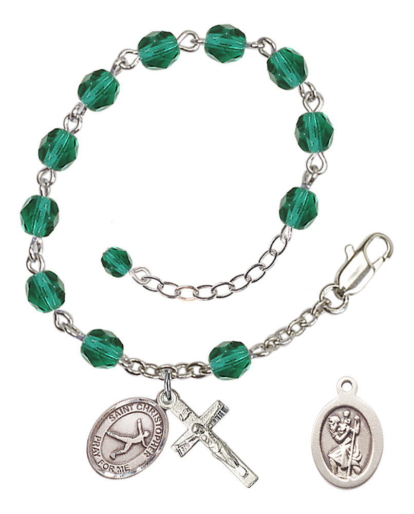 Saint Christopher Figure Skating Rosary Bracelet - Silver Plate - December - Zircon