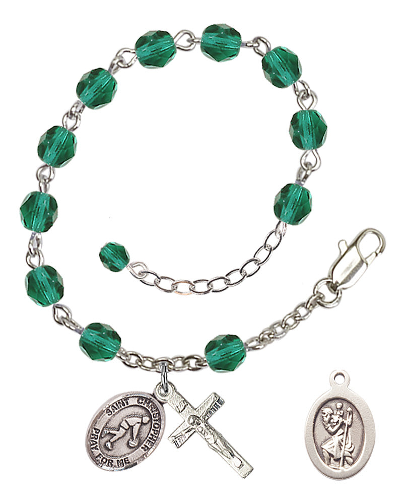 Saint Christopher Basketball Rosary Bracelet - Silver Plate - December - Zircon