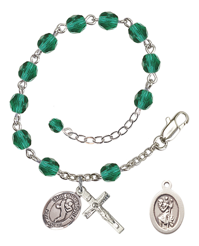 Saint Christopher Martial Arts Rosary Bracelet - Silver Plate - December - Zircon
