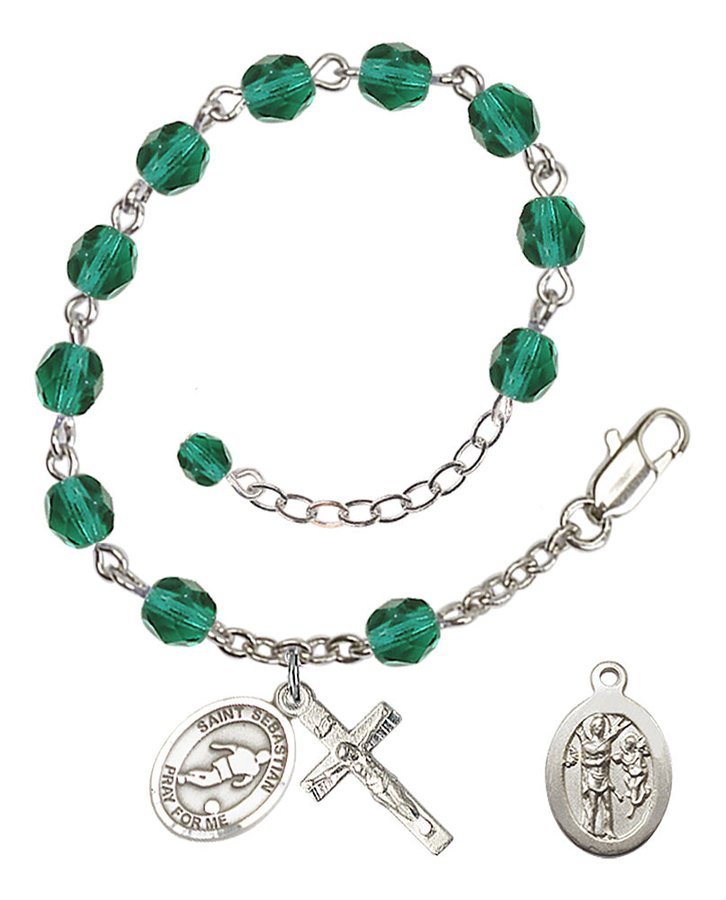 Saint Sebastian Soccer Rosary Bracelet - Silver Plate - December - Zircon