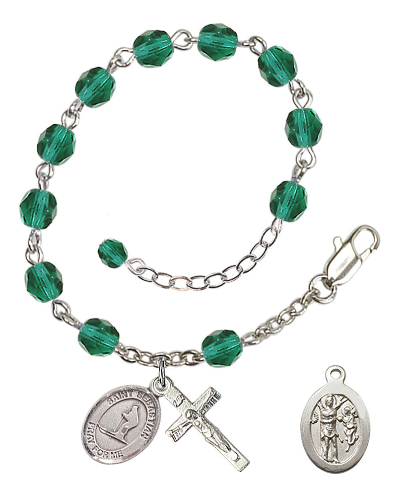 Saint Sebastian Skiing Rosary Bracelet - Silver Plate - December - Zircon