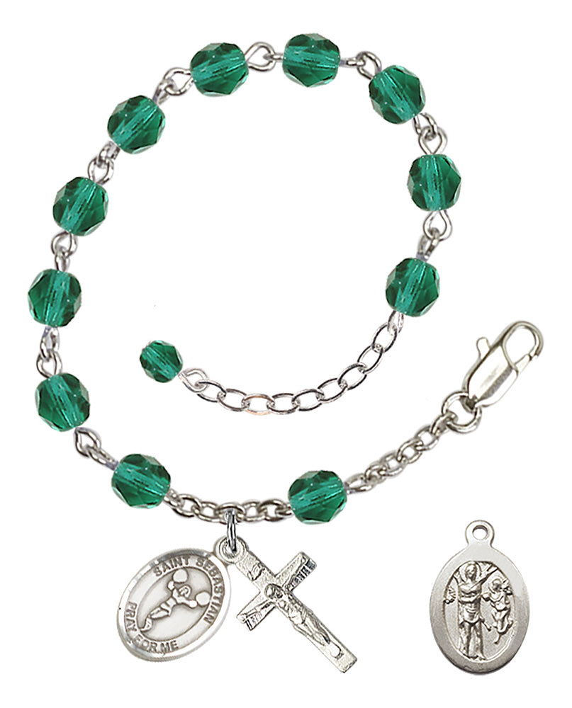 Saint Sebastian Cheerleading Rosary Bracelet - Silver Plate - December - Zircon