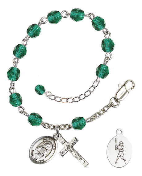 Saint Rita Baseball Rosary Bracelet - Silver Plate - December - Zircon