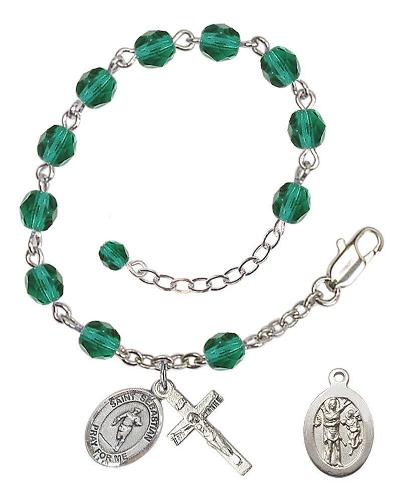 Saint Sebastian Rugby Rosary Bracelet - Silver Plate - December - Zircon