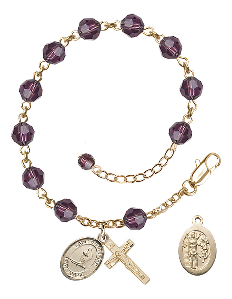Saint Sebastian Skiing Rosary Bracelet - 14K Gold Filled - February - Amethyst