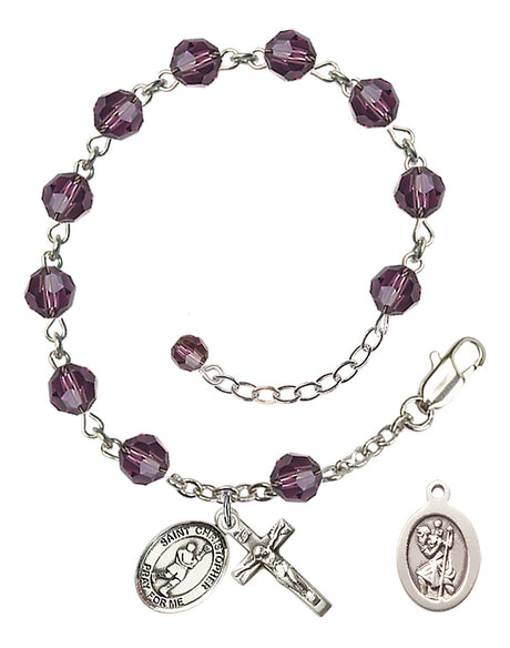 Saint Christopher Lacrosse Rosary Bracelet - Sterling Silver - February - Amethyst