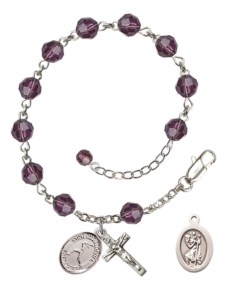 Saint Christopher Softball Rosary Bracelet - Sterling Silver - February - Amethyst