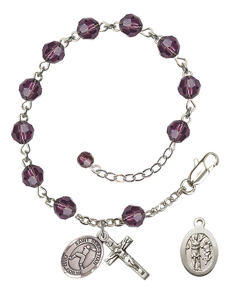 Saint Sebastian Baseball Rosary Bracelet - Sterling Silver - February - Amethyst