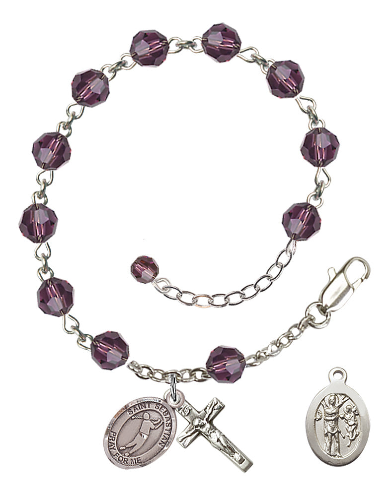 Saint Sebastian Golf Rosary Bracelet - Sterling Silver - February - Amethyst