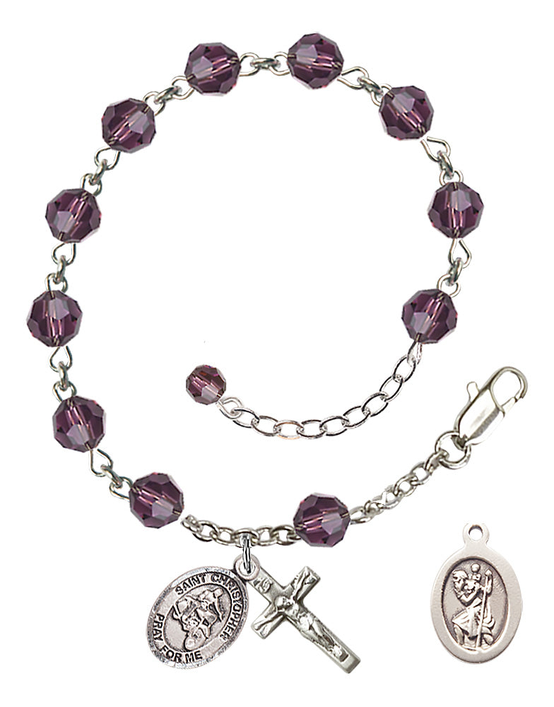 Saint Christopher Motorcycle Rosary Bracelet - Sterling Silver - February - Amethyst
