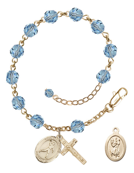 Saint Christopher Football Rosary Bracelet - 14K Gold Filled - March - Aqua
