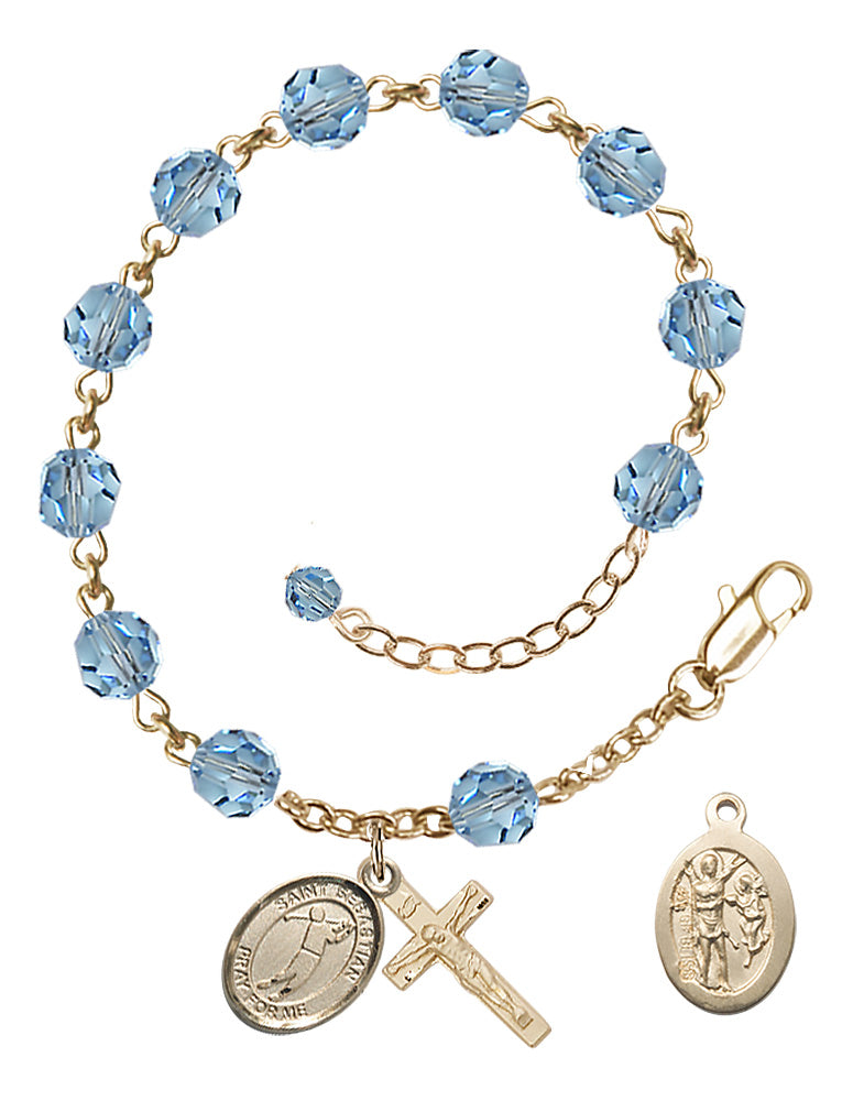 Saint Sebastian Golf Rosary Bracelet - 14K Gold Filled - March - Aqua